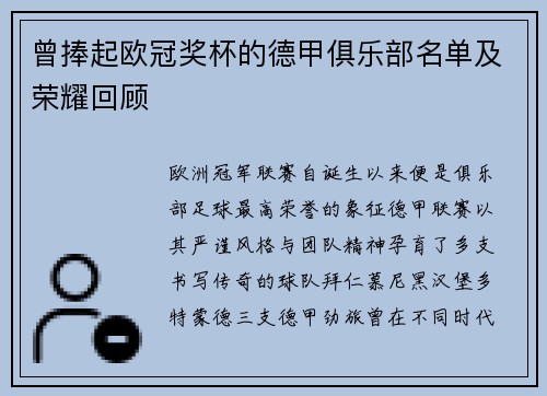 曾捧起欧冠奖杯的德甲俱乐部名单及荣耀回顾